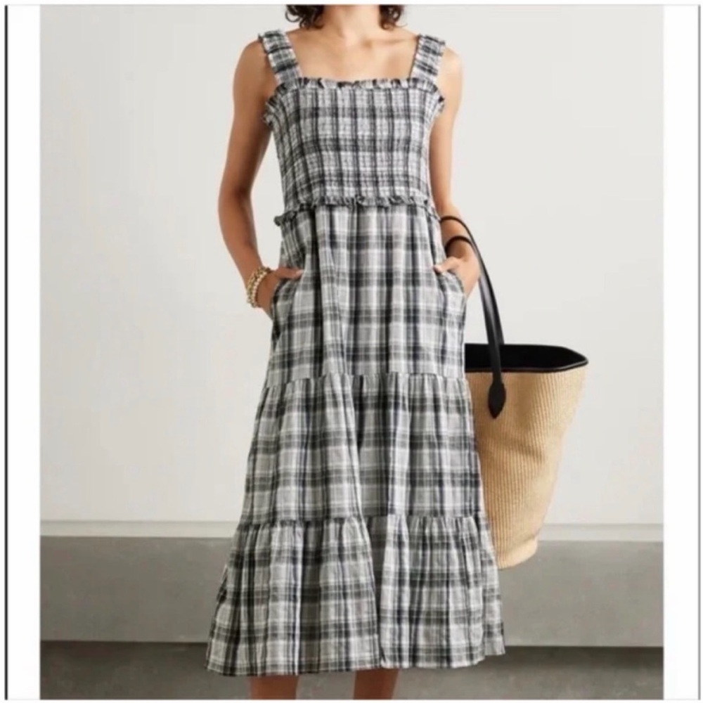 Veronica Beard Ziada Smocked Plaid
Midi Dress White green size 2